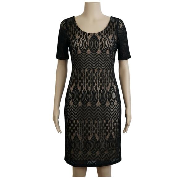 Sharagano Women's Black Lace Overlay Nude Lined Sheath Dress Sz 8 Cocktail Party - Picture 3 of 9